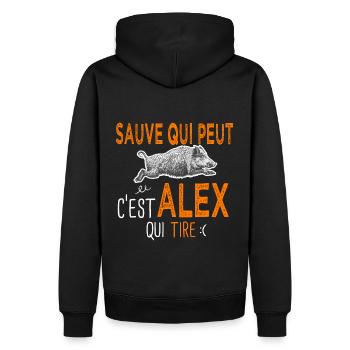 c'est Alex qui tire Cadeau Humour Chasse Chasseur - Sweat à capuche Premium bio Homme - noir - Dos - Nico (187cm)