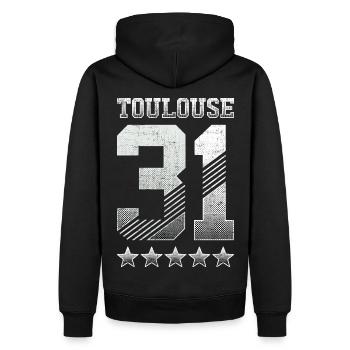 Toulouse 31, 5 étoiles, "Halftones" - Sweat à capuche Premium bio Homme - noir - Dos - Nico (187cm)