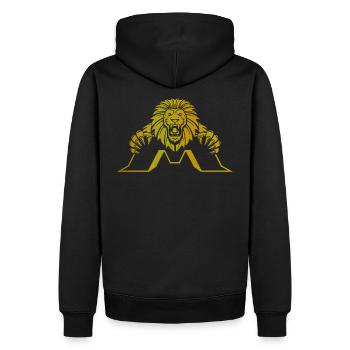 Logo Mighty gold - Männer Premium Bio Hoodie - Schwarz - Hinten - Nico (187cm)