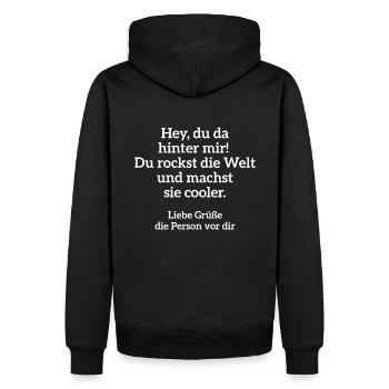 Hey Du Da Hinter Mir Person Behind Me Love Be Kind - Männer Premium Bio Hoodie - Schwarz - Hinten - Nico (187cm)