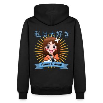J’adore l’anime et les sushis, manga japonais comic - Sweat à capuche Premium bio Homme - noir - Dos - Nico (187cm)