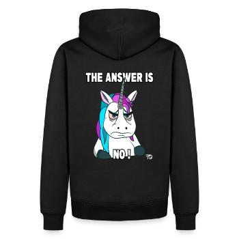 the answer is no, lustiges Einhorn - Männer Premium Bio Hoodie - Schwarz - Hinten - Nico (187cm)