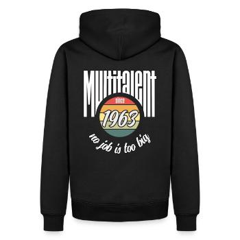 Multi-talents depuis 1963. Drôle de millésime - Sweat à capuche Premium bio Homme - noir - Dos - Nico (187cm)