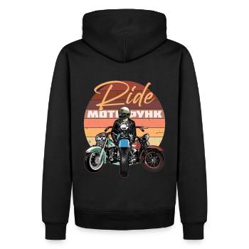 Ride Motorrad, Biker im Sonnenuntergang - Männer Premium Bio Hoodie - Schwarz - Hinten - Nico (187cm)