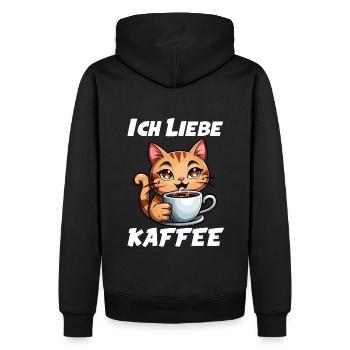 Kaffeeliebhaber - Katze mit Kaffeebecher - Männer Premium Bio Hoodie - Schwarz - Hinten - Nico (187cm)