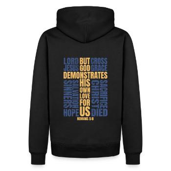 Bible Romans 5:8 - Männer Premium Bio Hoodie - Schwarz - Hinten - Nico (187cm)