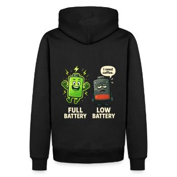 Batterie voll vs. leer – Energielevel Kaffee Witz - Männer Premium Bio Hoodie - Schwarz - Hinten - Nico (187cm)