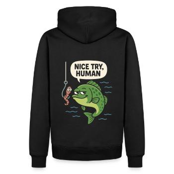 Nice Try Human – Fisch antwortet frech - Männer Premium Bio Hoodie - Schwarz - Hinten - Nico (187cm)