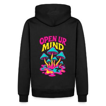 Psychedelische Pilze – Open Up Your Mind - Männer Premium Bio Hoodie - Schwarz - Hinten - Nico (187cm)
