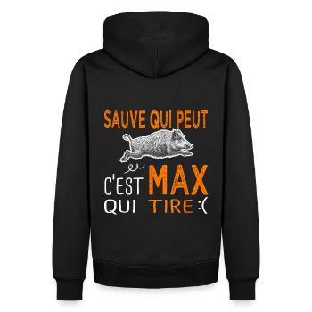 c'est Max qui tire Humour Maxime Maximilien Chasse - Sweat à capuche Premium bio Homme - noir - Dos - Nico (187cm)