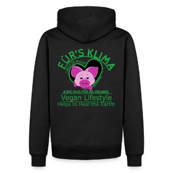 Schwein männl.Klima Vegan Planet Retten SabineVega - Männer Premium Bio Hoodie - Schwarz - Hinten - Nico (187cm)