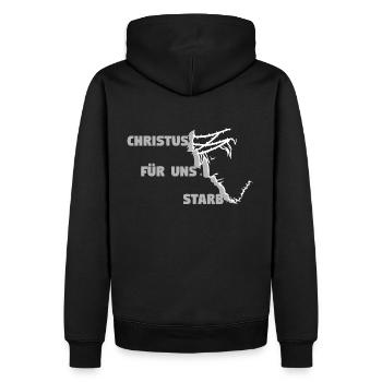 Christus ist für uns gestorben - Deutsch - Männer Premium Bio Hoodie - Schwarz - Hinten - Nico (187cm)