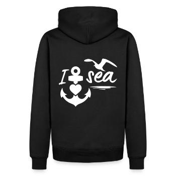 Meer-Ich liebe das Meer mit Anker Herz & Möwe - Männer Premium Bio Hoodie - Schwarz - Hinten - Nico (187cm)
