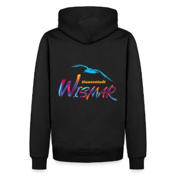 Wismar-Hansestadt-Möwe - Männer Premium Bio Hoodie - Schwarz - Hinten - Nico (187cm)