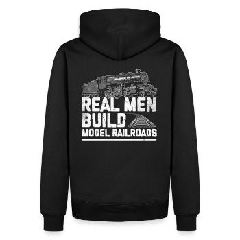 Real men build model trains - Men’s Premium Organic Hoodie - black - Back - Nico (187cm)