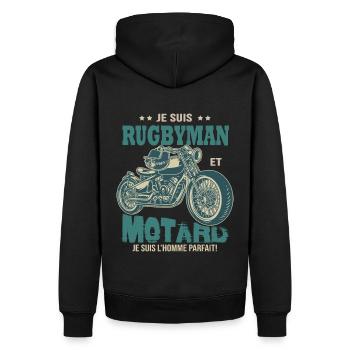 rugby motard parfait rugbyman parfait - Sweat à capuche Premium bio Homme - noir - Dos - Nico (187cm)