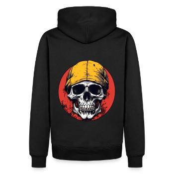 Tête de mort avec foulard jaune sur roue chromatique rouge - Sweat à capuche Premium bio Homme - noir - Dos - Nico (187cm)