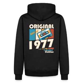 46e anniversaire Cassette novembre Vintage 1977 - Sweat à capuche Premium bio Homme - noir - Dos - Nico (187cm)