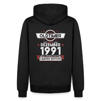 32. Geburtstag Oldtimer Dezember Jahrgang 1991 - Männer Premium Bio Hoodie - Schwarz - Hinten - Nico (187cm)