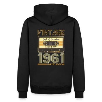 62e anniversaire décembre Vintage 1961 cassette - Sweat à capuche Premium bio Homme - noir - Dos - Nico (187cm)