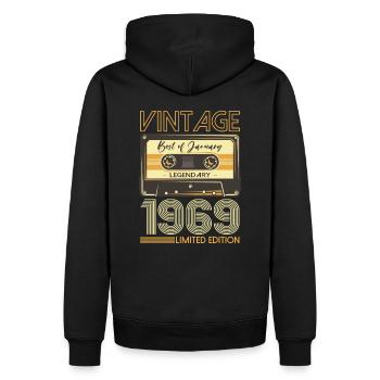 55e anniversaire janvier Vintage 1969 cassette - Sweat à capuche Premium bio Homme - noir - Dos - Nico (187cm)