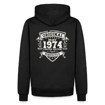 Anniversaire 1974 Mai 1974 Millésime 1974 Légende 74 - Sweat à capuche Premium bio Homme - noir - Dos - Nico (187cm)