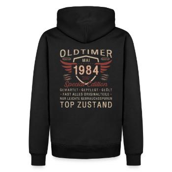 Oldtimer Mai 1984 Jahrgang 1984 Geburtstag 1984 - Männer Premium Bio Hoodie - Schwarz - Hinten - Nico (187cm)