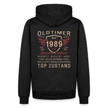 Oldtimer Mai 1989 Jahrgang 1989 Geburtstag 1989 - Männer Premium Bio Hoodie - Schwarz - Hinten - Nico (187cm)