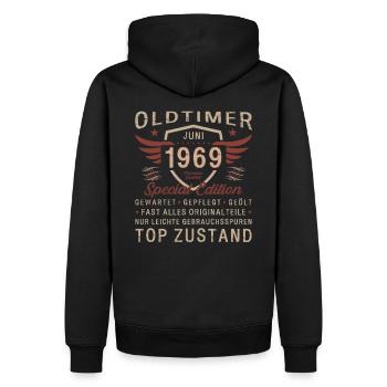 Oldtimer Juni 1969 Jahrgang 1969 55. Geburtstag 69 - Männer Premium Bio Hoodie - Schwarz - Hinten - Nico (187cm)
