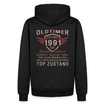 33. Geburtstag Oldtimer September 1991 Jahrgang 91 - Männer Premium Bio Hoodie - Schwarz - Hinten - Nico (187cm)