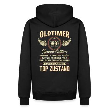 33. Geburtstag Oldtimer September 1991 Jahrgang 91 - Männer Premium Bio Hoodie - Schwarz - Hinten - Nico (187cm)