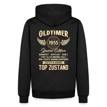 70. GeburtstagOldtimer September 1955 Jahrgang 55 - Männer Premium Bio Hoodie - Schwarz - Hinten - Nico (187cm)