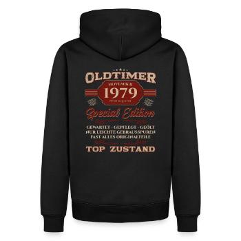 45e anniversaire Voiture classique Novembre 1979 Volume 79 - Sweat à capuche Premium bio Homme - noir - Dos - Nico (187cm)