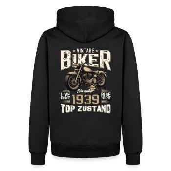 85e anniversaire Motard Novembre 1939 Motard - Sweat à capuche Premium bio Homme - noir - Dos - Nico (187cm)