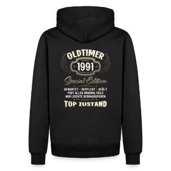 33. Geburtstag Oldtimer Dezember 1991 Jahrgang 91 - Männer Premium Bio Hoodie - Schwarz - Hinten - Nico (187cm)