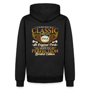 70. Geburtstag Oldtimer Februar Jahrgang 1955 - Männer Premium Bio Hoodie - Schwarz - Hinten - Nico (187cm)