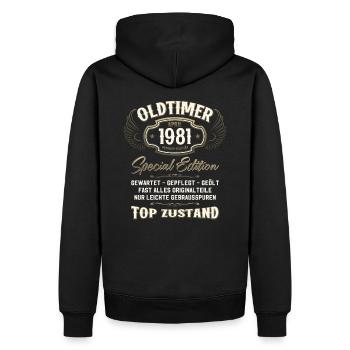 44. Geburtstag Oldtimer April Jahrgang 1981 - Männer Premium Bio Hoodie - Schwarz - Hinten - Nico (187cm)