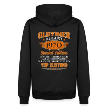 55ème Anniversaire Oldtimer Août Vintage 1970 - Sweat à capuche Premium bio Homme - noir - Dos - Nico (187cm)