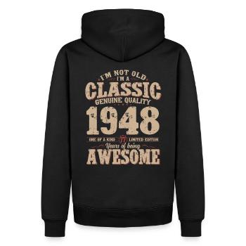 Légende du 77e anniversaire née en 1948 - Sweat à capuche Premium bio Homme - noir - Dos - Nico (187cm)
