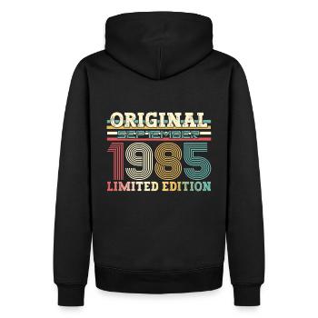 39ème Anniversaire Millésime Septembre 1985 Cru 85 - Sweat à capuche Premium bio Homme - noir - Dos - Nico (187cm)