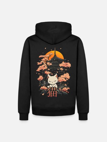 Neko - japanische Katze und sakura - Männer Premium Bio Hoodie - Schwarz