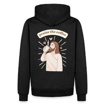 Praise the coffee - weirdpeoplelovethis. - Männer Premium Bio Hoodie - Schwarz - Hinten - Nico (187cm)