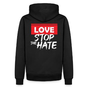 Love Stops Hate Injustice Racism - Men’s Premium Organic Hoodie - black - Back - Nico (187cm)
