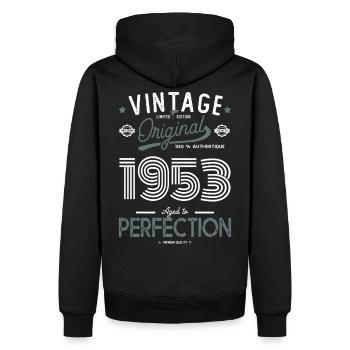 AGE TO PERFECTION 1953 birthday gift 69 years - Men’s Premium Organic Hoodie - black - Back - Nico (187cm)