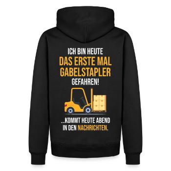 Das erste mal Gabelstapler lustiger Spruch - Männer Premium Bio Hoodie - Schwarz - Hinten - Nico (187cm)