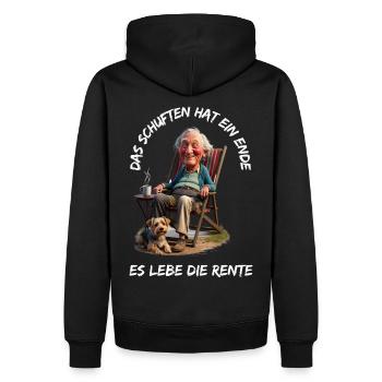 The toiling has come to an end - Long live the pension - Men’s Premium Organic Hoodie - black - Back - Nico (187cm)