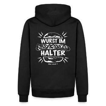 Bratwurst im Brötchen - Wurst im Halter - Männer Premium Bio Hoodie - Schwarz - Hinten - Nico (187cm)