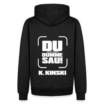 Kinski DU DUMME SAU - Männer Premium Bio Hoodie - Schwarz - Hinten - Nico (187cm)