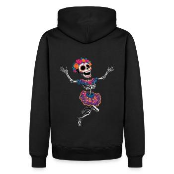 tanzendes happy crazy Skelett la Catrina :) - Männer Premium Bio Hoodie - Schwarz - Hinten - Nico (187cm)