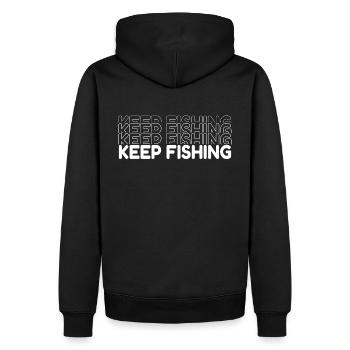 Keep Fishing - Gardez la Pêche - Men’s Premium Organic Hoodie - black - Back - Nico (187cm)